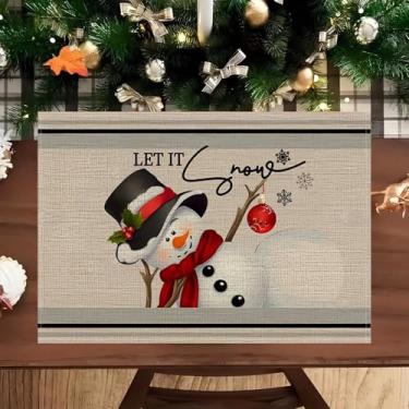Imagem de Jogo americano de mesa de Natal 29 x 43 cm – Tapetes reutilizáveis com boneco de neve no chapéu e design Let It Snow para jantar, café e decoração de cozinha