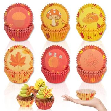 Imagem de ZCCLINN Forros de muffin de cupcake de outono - 300 unidades de papel padrão para forros de bolo de outono para assar, embalagens grandes de doces de abóbora de Dia de Ação de Graças, envoltório de