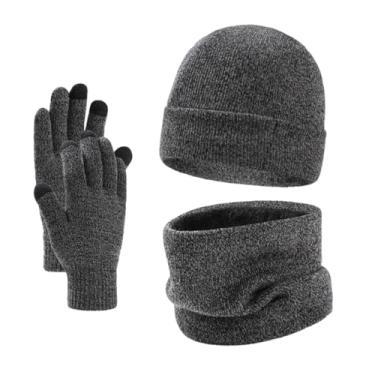 Imagem de Conjunto de luvas masculinas de inverno com chapéu e cachecol, gorro de malha, gorro de lã, aquecedor de pescoço, cachecol touchscreen, conjunto de luvas cinza médio