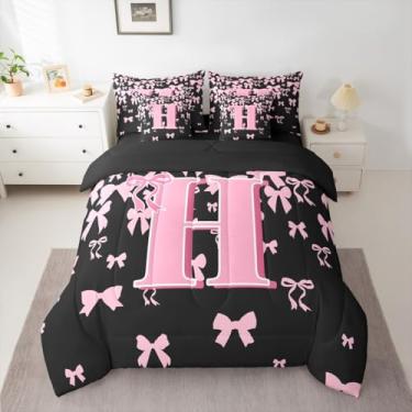Imagem de jejeloiu Conjunto de edredom solteiro com laço fofo para meninas, meninos, meninas, letra H, conjunto de 7 peças, preto e rosa, coquete com laço em uma bolsa, monograma, decoração de quarto de