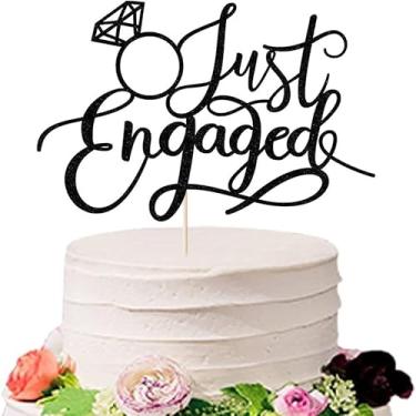 Imagem de Topo de bolo dourado com purpurina, 17 x 11 cm, decoração de festa de noivado com design de anel de diamante (preto)