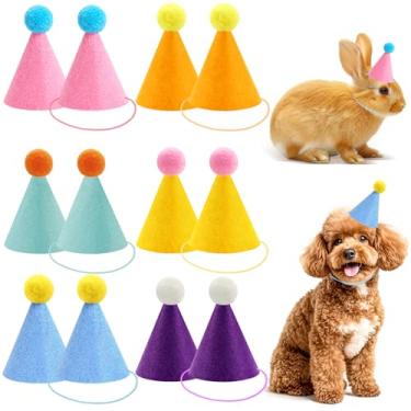 Imagem de Zkptops Pacote com 12 mini chapéus de festa para animais pequenos, mini chapéus de aniversário, chapéu de festa de cone pequeno, chapéu de feltro colorido para cães, coelhos, gatos, filhotes, animais
