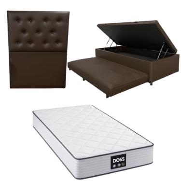 Imagem de Cama Box Baú Solteiro com Auxiliar (Bicama) + Colchão Doss Molas Ensacadas 30cm | Kit Completo com Cabeceira Botonê Opcional | Diversas Cores (3, CORINO MARROM, COM CABECEIRA)