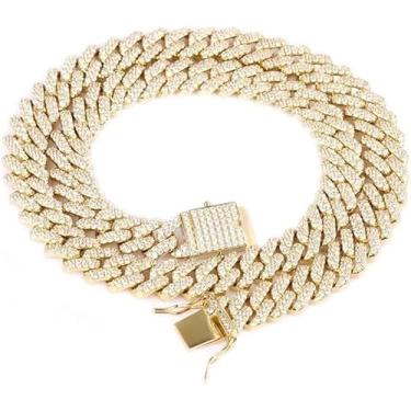 Imagem de NOBYLO Corrente masculina de elos cubanos Miami pesada de 12 mm, banhado a ouro branco verdadeiro/banhado a ouro 14 K, corrente de diamante 5A CZ, 26 Inches, Ouro, Zircônia cúbica