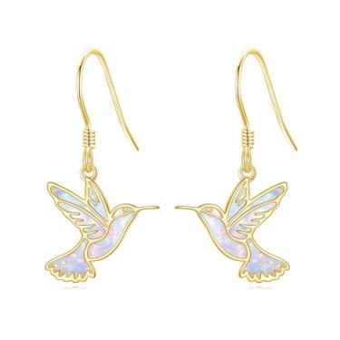 Imagem de GEHN Brincos de beija-flor em ouro maciço 14K, opala e beija-flor, joias pendentes, presentes de pássaros para mulheres amadas