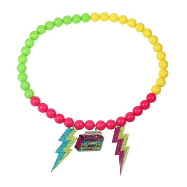 Imagem de KZL Colar de contas de acrílico neon colorido dos anos 80 com pingente de fita brilhante para mulheres, acessórios de fantasia para festa de Halloween dos anos 80, Acrílico, Ágata