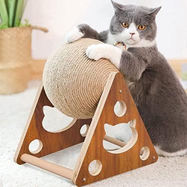 Imagem de Hlily Brinquedo arranhador para gatos, bola de arranhar para gatos de sisal natural, brinquedo arranhador para gatos com bola, bola para arranhar para gatos e gatinhos, brinquedo para animais de estimação arranhador de madeira maciça interativo