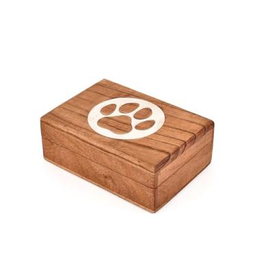 Imagem de NIRMAN Urna para gatos feita à mão em madeira de acácia para gatos – Acabamento branco com impressão de pata gravada e trava magnética segura (17,8 cm x 12,7 cm x 6,3 cm)