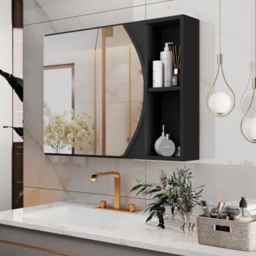 Imagem de Mobishop Armário de Banheiro com Espelho Arredondado, MDP/MDF, Branco Flex, 60x45x10 cm, Espelheira Suspensa com Nichos, Organizador de Parede, Design Moderno (Preto)