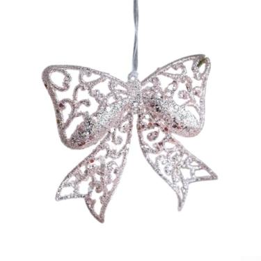 Imagem de Enfeite de árvore de Natal de floco de neve rosa com glitter, decoração de sino, plástico leve para guirlanda, festa e decoração de casa de inverno