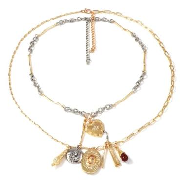 Imagem de LUREME Colar vintage de camada dupla para mulheres, corrente de ouro e prata em dois tons com pingente de coração, joias com tema de amor em camadas ajustáveis (nl006392)