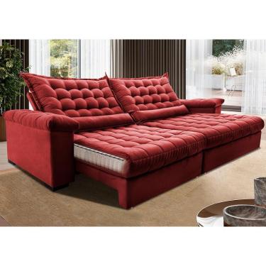 Imagem de Sofá Retrátil E Reclinável 2,75m Molas Ensacadas Cama Inbox Big Space Com Bordado Velusoft Vermelho