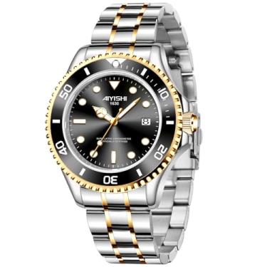 Imagem de AIYISHI Relógio social masculino de luxo de aço inoxidável com data luminosa, à prova d'água, casual, analógico, quartzo, relógio de pulso Relojes De Hombre, prata, preto dourado