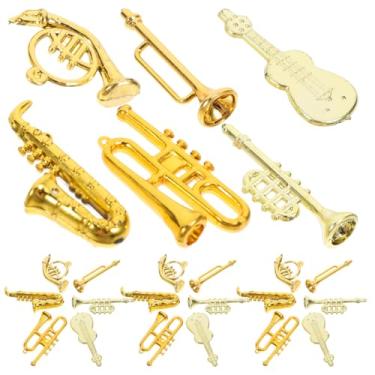 Imagem de 24 peças de enfeite de pendurar de instrumento musical de Natal, mini trompete de plástico, modelo de violão, saxofone, conjunto de instrumentos minúsculos para festas de Natal, decorações de casa de