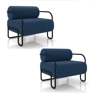 Imagem de Poltrona Sala De Estar Industrial Preto Kit 2 Ameli Veludo K01 - D`rossi Cor Azul Marinho