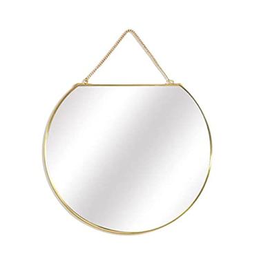 Imagem de Espelho de maquiagem nórdico bronze dourado espelho redondo espelho de banheiro decoração de varanda parede desktop espelho de cobre banheiro (tamanho: P)