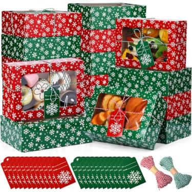 Imagem de Glenmal 36 caixas de biscoitos de Natal com janela 22 x 15 x 7 cm, vermelho, verde, flocos de neve de Natal, recipientes de padaria com etiquetas, para dar de presente, lembrancinhas, doces, cupcake
