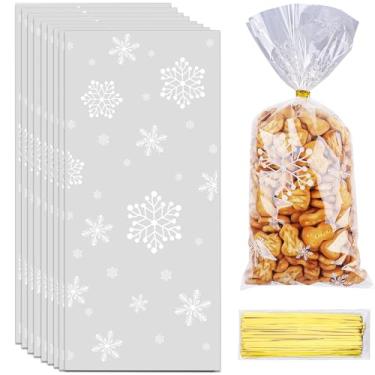 Imagem de Lxzyu Sacos de presente de celofane de Natal com torção, saco de petisco de floco de neve de Natal, sacos de plástico transparente para biscoitos doces com laços torcidos para suprimentos de festa de