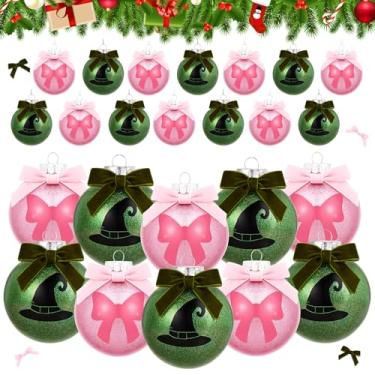 Imagem de Threehoney 24 peças de enfeites de bola de Natal de 8,15 cm para árvore brilhante arco de bruxa verde e rosa pendurado decoração de árvore de Natal desenhos animados bola decoração casa natal festa