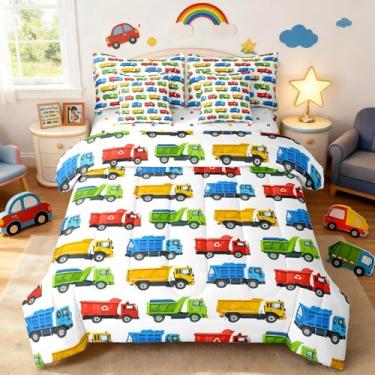 Imagem de Conjunto de edredom colorido de caminhão de lixo com desenho animado de caminhão de lixo para crianças, meninos, meninas, adolescentes, conjunto de cama leve para todas as estações, solteiro