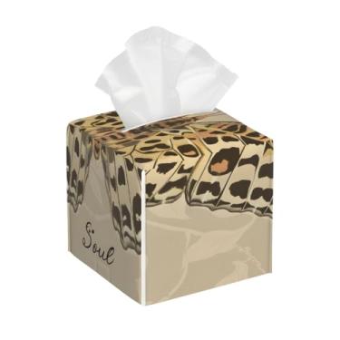Imagem de Caixa de lenços de couro quadrada à prova d'água com estampa de leopardo animal borboleta organizador de papel facial com cinto inferior cubo estojo de lenços para mesa, banheiro, escritório, mesa
