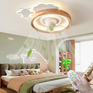 Imagem de Luminária de teto LED de madeira com ventilador e controle remoto para quarto infantil. Luminária de teto redonda com desenho de nuvens e intensidade regulável, moderna para sala de estar, q