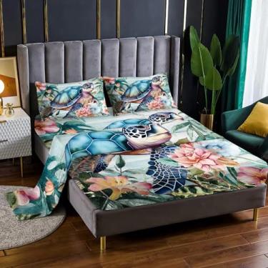 Imagem de Nttopship Jogo de lençol casal de tartarugas marinhas de primavera, 4 peças, com bolsos profundos de 40,6 cm, estampa de plantas tropicais, conjunto de cama com 4 peças (1 lençol + 1 lençol + 2