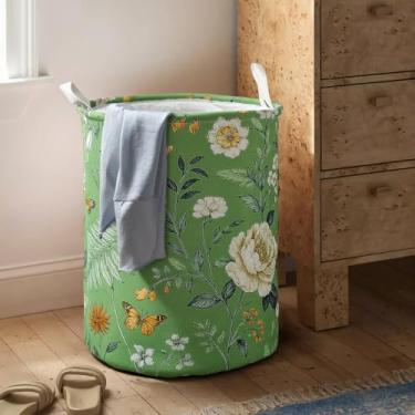 Imagem de Cesta de roupa suja dobrável com alças sacola impermeável pano oxford engraçado cesto de roupa balde de roupas organizador de brinquedos 43L para banheiro/lavanderia/quarto (floral, 43L)