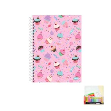 Imagem de Kit Caderno Feminino 10 Matérias 200 Folhas + Caneta Esferográfica 0.7mm Sortidas + Marca Texto Boss 15 Cores