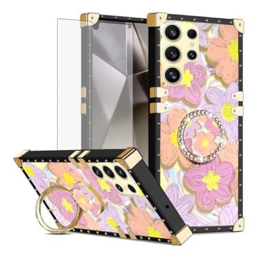 Imagem de Asuwish Capa de celular para Samsung Galaxy S24 Ultra 5G capa magnética com protetor de tela de vidro temperado e anel protetor de flor de pintura suporte rígido S24Ultra 24S S 24 24Ultra feminino