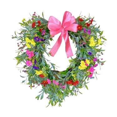 Imagem de IEUDNS Guirlanda em forma de coração, Guirlanda de gipsófila, para porta de entrada, de flores com laço para janela, Rosa