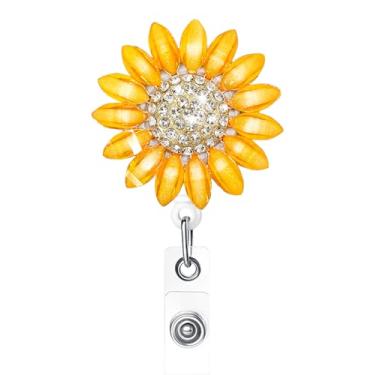 Imagem de Ascrafter Porta-crachá retrátil de flor de luxo com clipe jacaré, carretel de crachá de identidade, porta-cartões (amarelo)