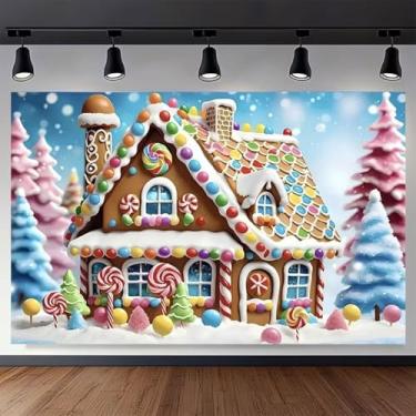 Imagem de Pano de fundo fotográfico de casa de gengibre de Natal pirulito floco de neve fundo de árvore de Natal decorações de festa de inverno fundo Candyland decorações de ano novo adereços de faixa