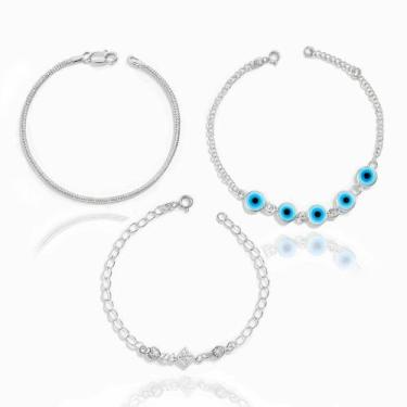 Imagem de Conj. 3 Pulseiras Prata 925 3 Olho Grego Pedra Cabelo Anjo - Lojas La&