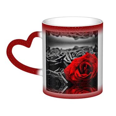 Imagem de Xícara de café divertida de rosas pretas brancas e vermelhas, copo de cerâmica que muda de cor sensível ao calor 12 Oz, para café/chá/leite/cacau, para adolescente/aniversário/festival/presentes