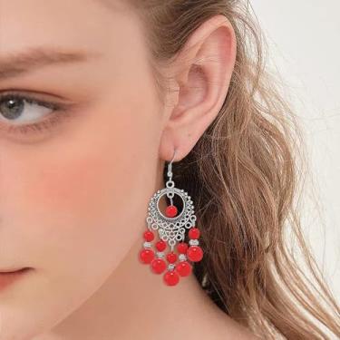 Imagem de Brincos femininos com pingente de lustre de bola boho prateados, vintage, turquesa, com borla, pingente, joia tribal indiana para Jhumka, festival, Natal, Natal, Medium, Sem metal, Sem pedra preciosa