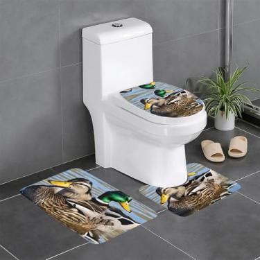 Imagem de ZERAOKE Mallard Duck - Conjunto de tapetes de banheiro com estampa de 3 peças - tapetes de flanela antiderrapantes, secagem rápida e almofada de vaso sanitário em forma de U para banheira, suítes de