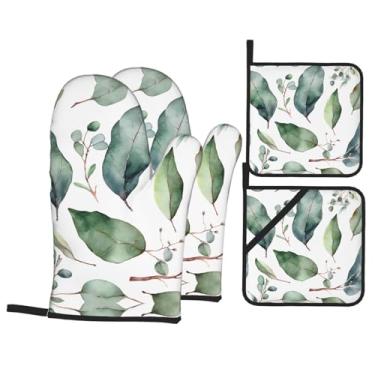 Imagem de Conjunto de luvas de cozinha com estampa verde de folhas de eucalipto com suportes de tampa, luvas de forno resistentes ao calor para lidar com panelas quentes, grelhar, churrascos, kit de 4 peças.