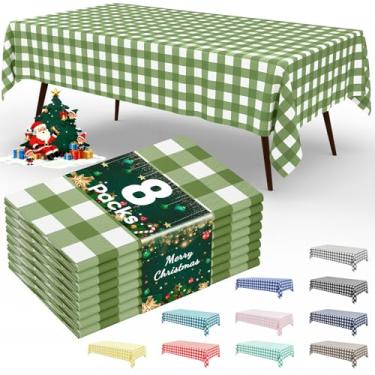 Imagem de Smiry 8 pacotes de toalhas de mesa descartáveis guingão, 137 x 272 cm, toalha de mesa de plástico impermeável, retangular, verde sálvia e branco, capas de mesa quadriculadas para piquenique