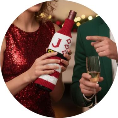 Imagem de Capa de garrafa de vinho, decoração de mesa de Natal divertida para festas de fim de ano, manga de vinho de malha para troca de presentes, decoração de casa