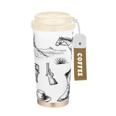 Imagem de STAYTOP Caneca de café de viagem com isolamento de arma e chapéu de cowboy norte-americano, 500 ml, copo de café reutilizável de aço inoxidável com tampa flip à prova de vazamento à prova de vazamento
