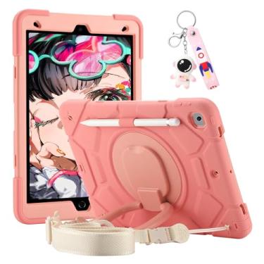 Imagem de Capa para iPad, capa infantil resistente à prova de choque com suporte giratório/suporte para lápis/alça de ombro (rosa, iPad 9ª/8ª/7ª geração 10,2 polegadas)