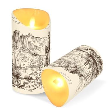 Imagem de ATTX Pacote com 2 velas de caubói do deserto ocidental – Velas de pilar LED de 7,6 cm x 15 cm com controle remoto e temporizador para casa, casamento, decoração de acampamento #300