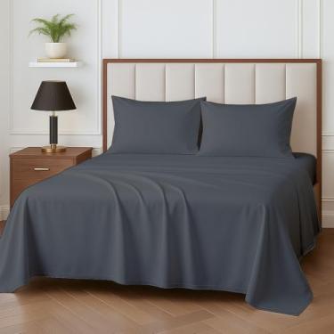 Imagem de Lençóis de casal - Algodão egípcio 600 fios - Lençol com elástico profundo de 38 cm - Lençóis refrescantes - Jogo de lençol premium de 4 peças para cama de casal - Cinza escuro liso