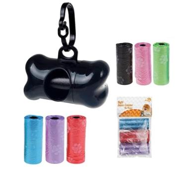 Imagem de Suporte Porta Saquinho Pet Cata Caca Com 4 Rolinhos Refil - 60 saquinhos Coletor de Fezes Cachorro Gato Passeio Higiene Canina(PRETO)