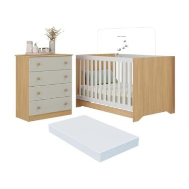 Imagem de Berço Americano 3 em 1 com Colchão Incluso e Cômoda 4 Gavetas Encanto Multimóveis Mp4699 Madeirado/off White
