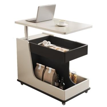 Imagem de ELQ Mesa de centro ajustável com rotação de 360°, rodas bloqueáveis e 2 prateleiras de armazenamento para sala de estar, quarto e apartamentos pequenos (branca)