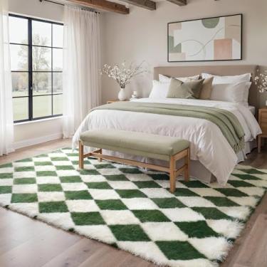 Imagem de GENIMO Tapete quadriculado, 15 x 23 cm, para quarto de crianças, macio, felpudo, tapete felpudo para sala de estar, berçário, sala de jogos, dormitório, decoração de casa moderna, estética, verde e