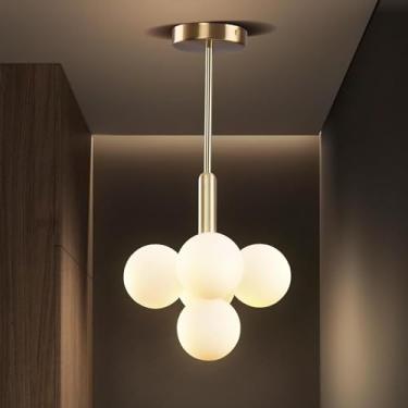 Imagem de Lustre moderno em formato de globo de vidro dourado, estilo Sputnik, luminária de teto estilo meados do século XX, pendente para sala de jantar, luminária suspensa na cor latão para ilha de