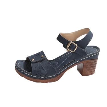 Imagem de Sandálias femininas modernas casuais de bico redondo com tiras de salto bloco de 7 cm para uso diário, Azul royal, 36